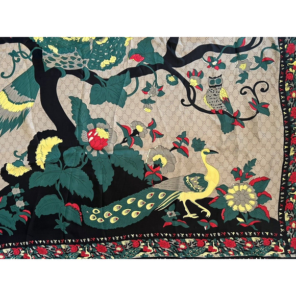 STUNNING Designer ADQ Festive Scarf Birds Owls Trees Flowers Black Red Yellow - Picture 7 of 10